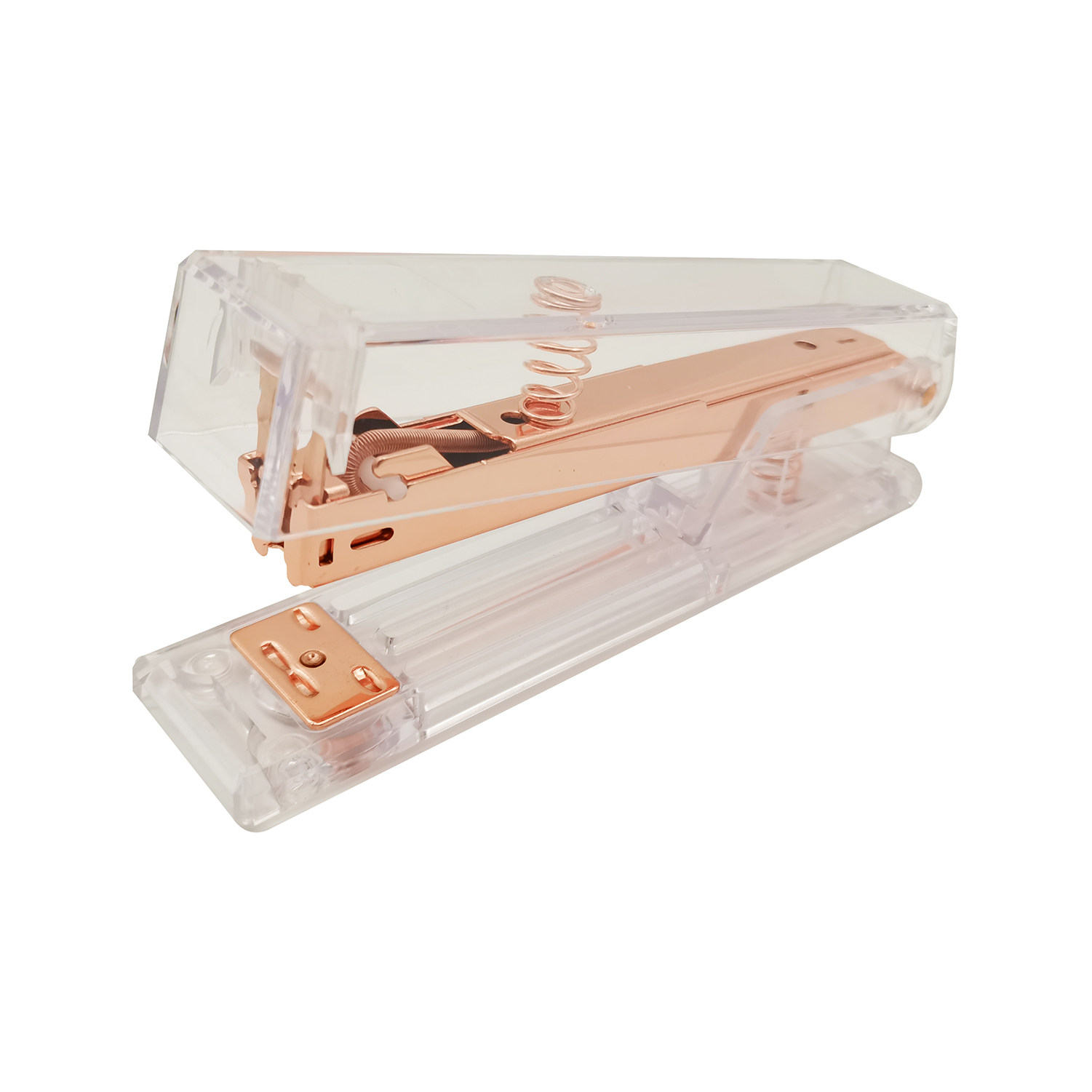 Fashion clear 20 sheets office stationery standard stapler 24/6 staple full strip plastic transparent rose gold stapler
